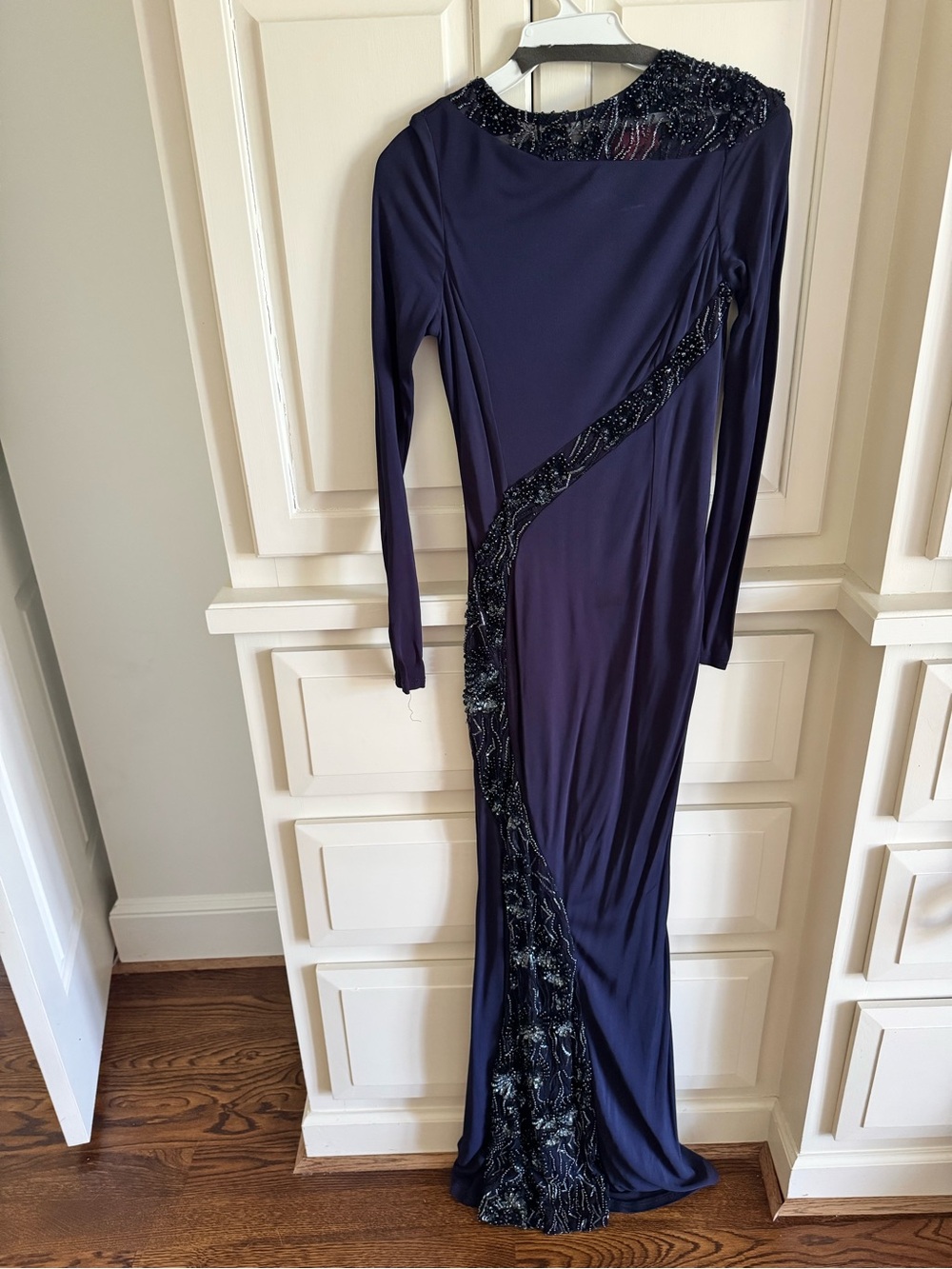 Monique Lhuillier Navy Long-Sleeve Beaded Evening Gown